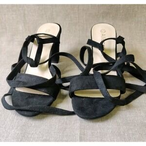 Allegra K Heels‎ Black Suede Ankle Wrap 6.5 Romantic Strappy Party Witchy Shoe